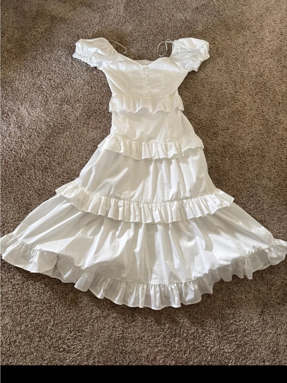 FLAT WHITE Ruffle Tiered Puff Sleeve Dress in White size Small - Picture 12 of 12